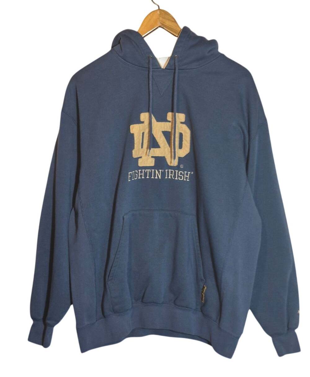 Vintage NCAA VF Imagewear Notre Dame Fighting Irish 3D Graphic Hoodie Blue LG